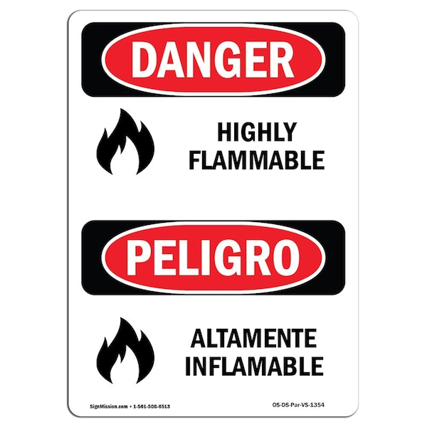 Safety Sign, OSHA Danger, 5" Height, Highly Flammable Bilingual Spanish, 10PK